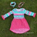 2015 new girls high low dress kids Aztec blue dress hot pink white polka dot dress with necklace and headband
